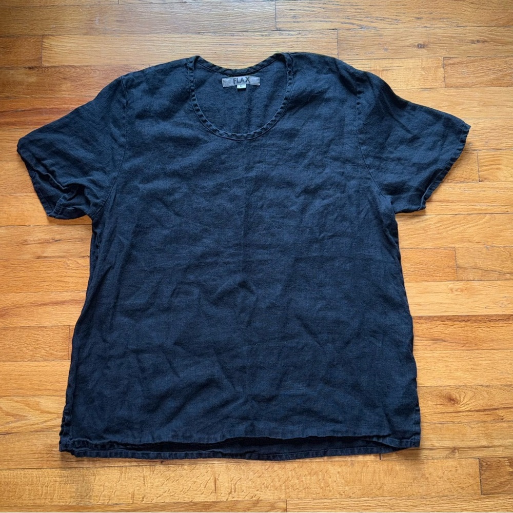 FLAX 100% Linen Black Short Sleeve Top Blouse size Large